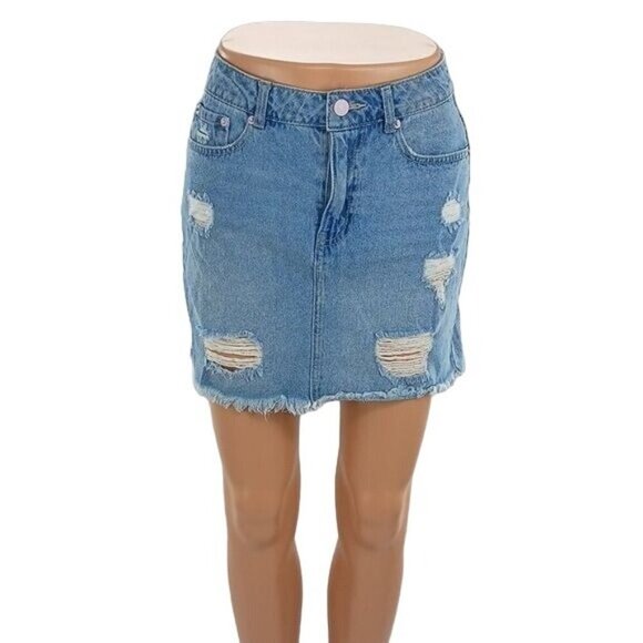 Forever 21 Skirt Blue Jean Denim Distressed Mini Straight Womens Size S - Picture 1 of 5
